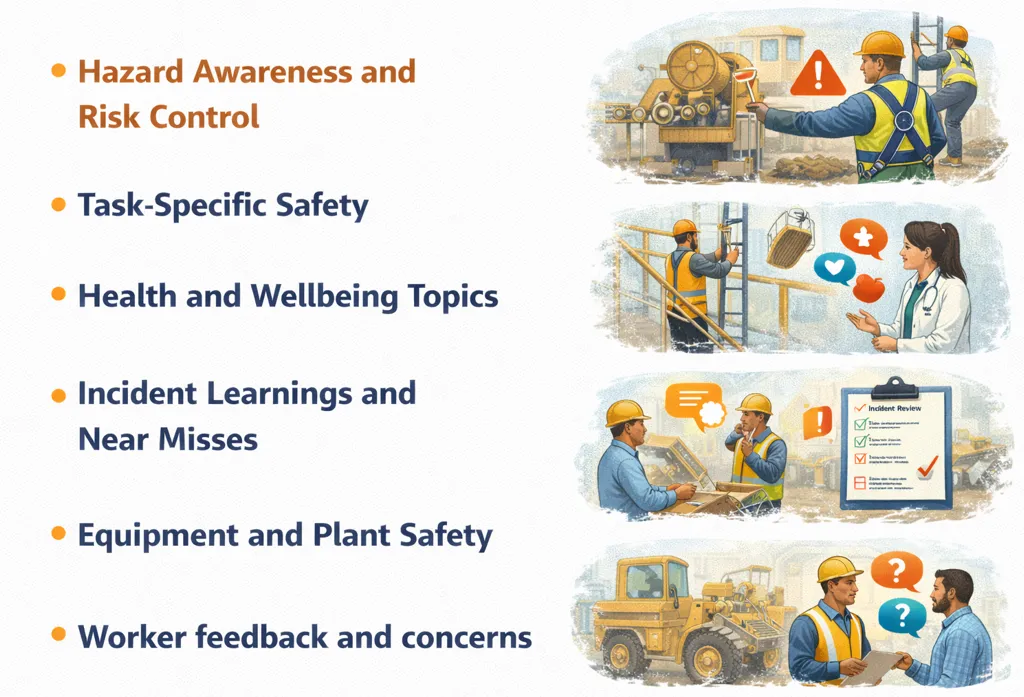 Common toolbox talk topics: hazard awareness, task-specific safety, health and wellbeing, incident learnings, plant safety and worker concerns