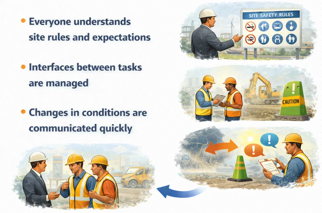Toolbox talks ensure everyone understands site rules, interfaces between tasks are managed and changing conditions are communicated quickly