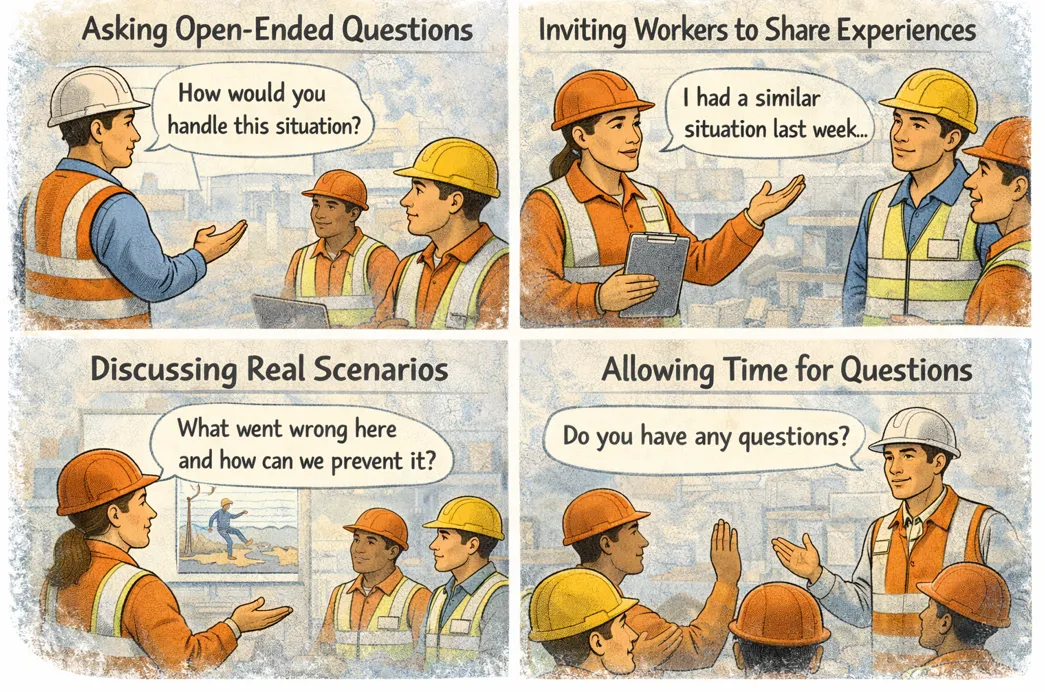 Engaging toolbox talks: asking open-ended questions, inviting workers to share experiences, discussing real scenarios and allowing time for questions
