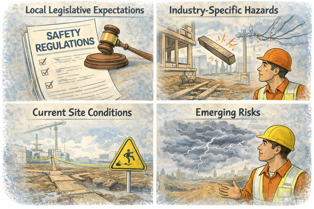 Australian toolbox talk considerations: local legislative expectations, industry-specific hazards, current site conditions and emerging risks such as storms
