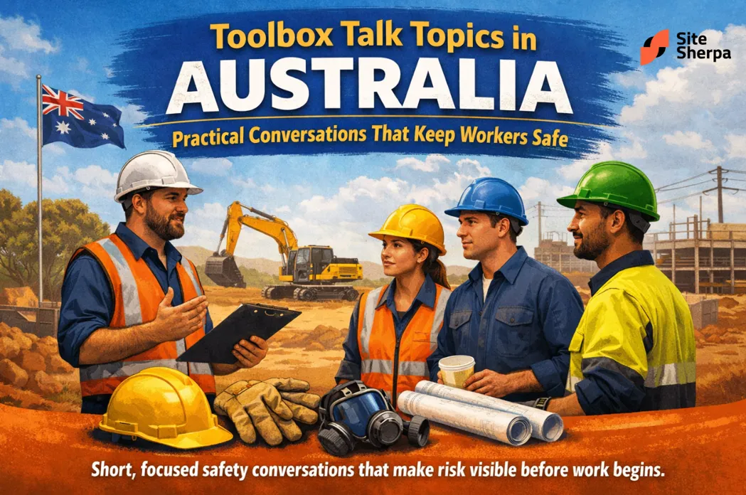 Australian construction workers in hard hats and hi-vis gathered for a toolbox talk on site, led by a supervisor with a clipboard