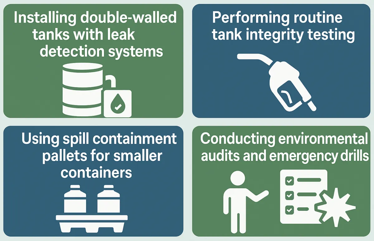 Environmental controls for diesel: double-walled tanks with leak detection, tank integrity testing, spill pallets, and audits and drills