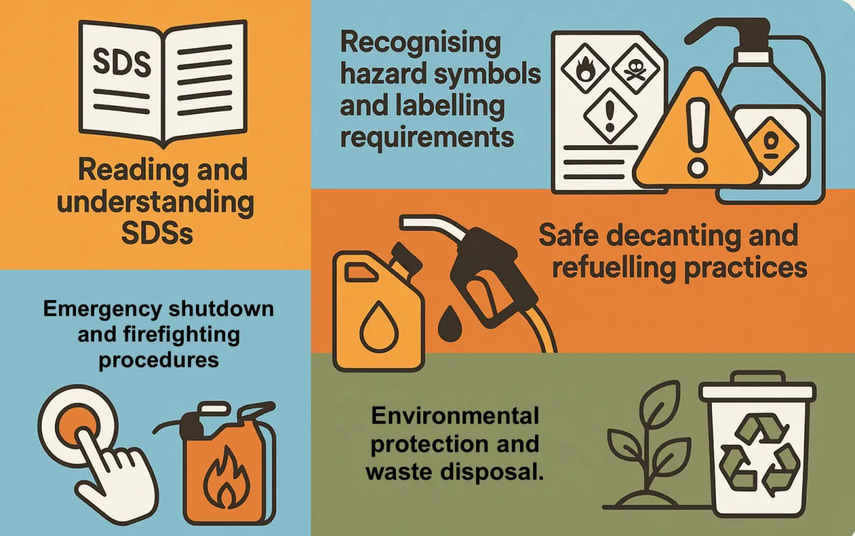 Diesel safety training topics: reading SDSs, hazard symbols and labels, safe refuelling, emergency shutdown and waste disposal