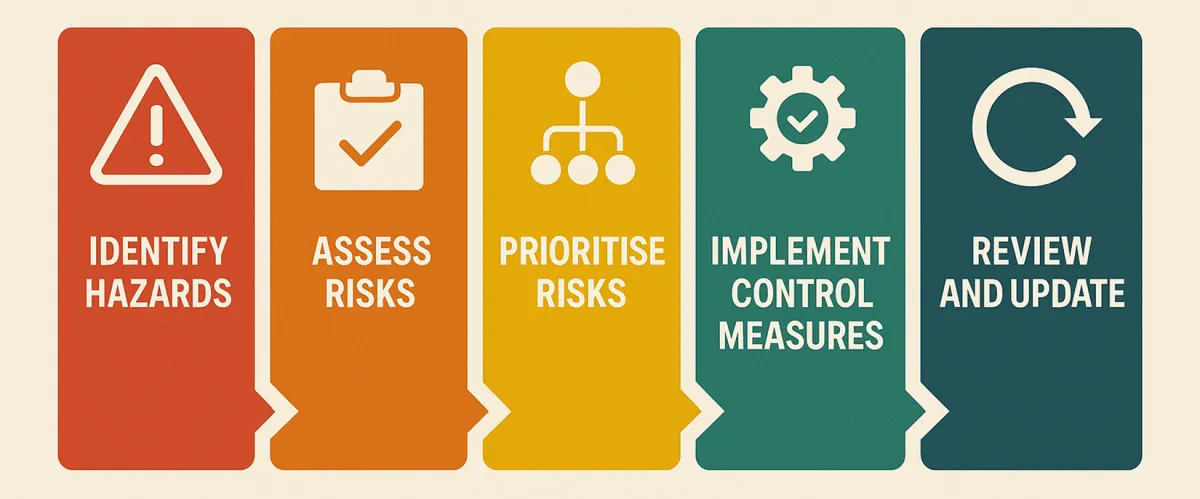 Risk assessment steps: identify hazards, assess risks, prioritise risks, implement control measures, and review and update
