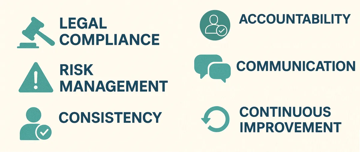 Why WHS policies matter: legal compliance, risk management, consistency, accountability, communication and continuous improvement