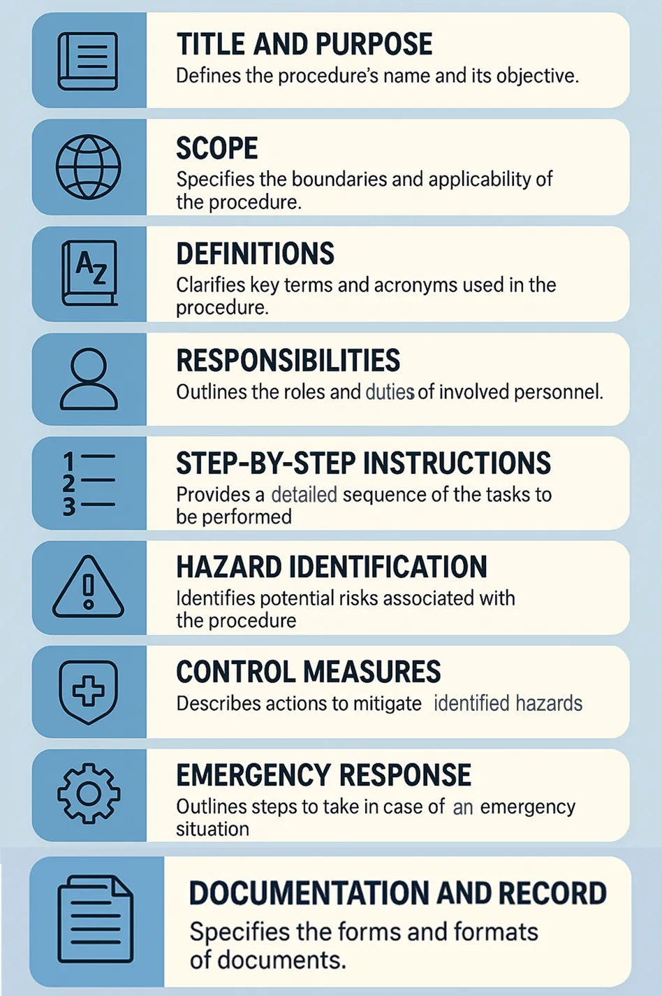 Key procedure elements: title, scope, definitions, responsibilities, step-by-step instructions, hazards, controls, emergency response and documentation