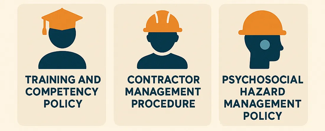 More WHS document examples: training and competency policy, contractor management procedure and psychosocial hazard management policy