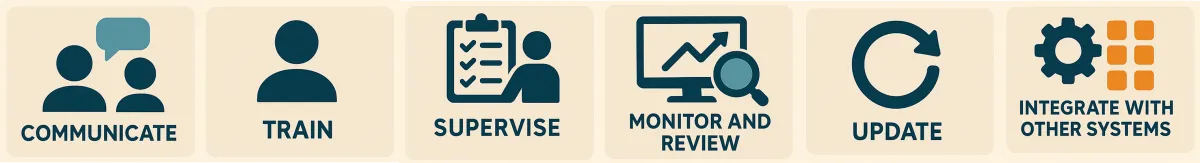 Implementing WHS policies: communicate, train, supervise, monitor and review, update and integrate with other systems