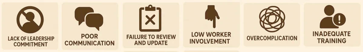 Common WHS policy pitfalls: weak leadership commitment, poor communication, no review, low worker involvement, overcomplication and inadequate training