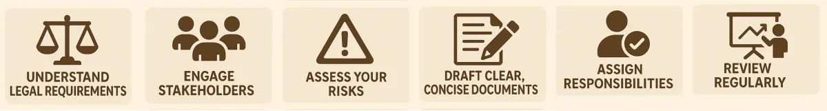 Steps to develop WHS policies: understand legal requirements, engage stakeholders, assess risks, draft clear documents, assign responsibilities, review regularly
