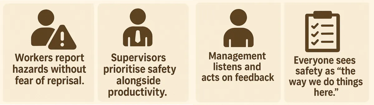 Signs of a positive safety culture: workers report hazards freely, supervisors prioritise safety and management acts on feedback