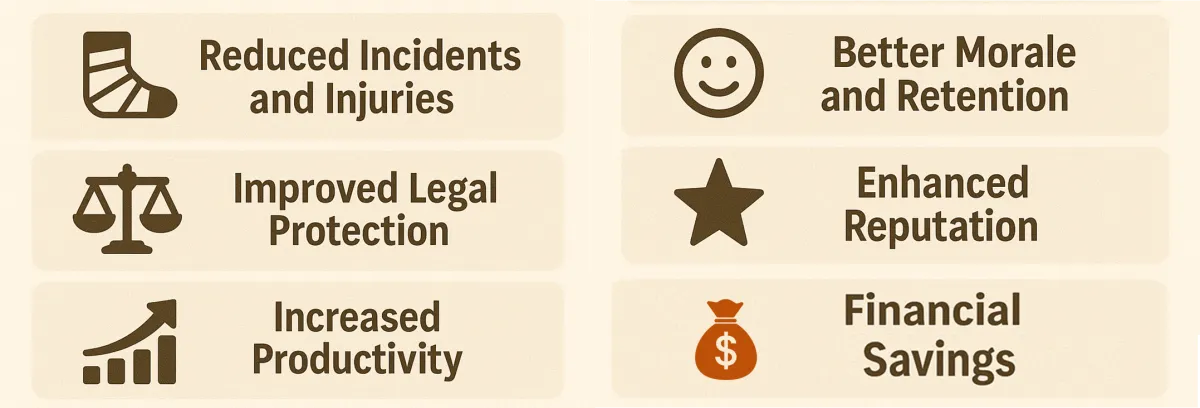 Benefits of strong WHS policies: fewer injuries, legal protection, productivity, better morale, enhanced reputation and financial savings