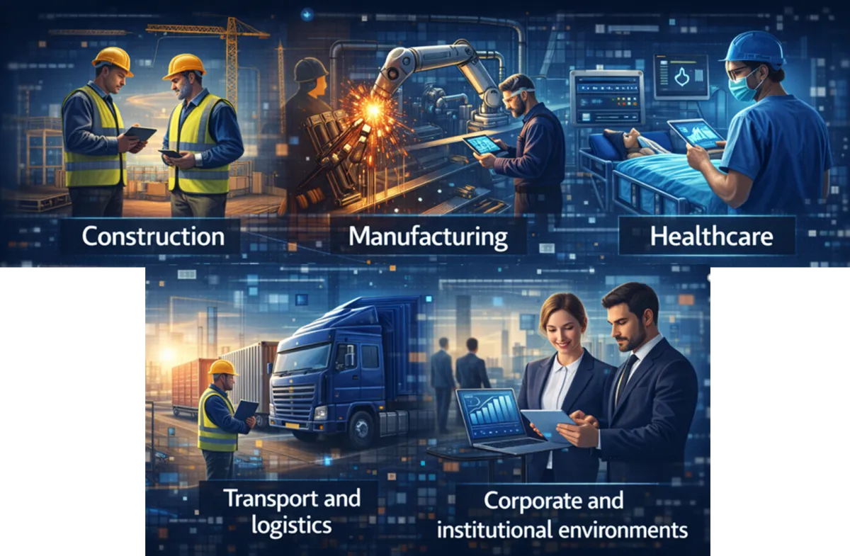Industries using AI safety reporting: construction, manufacturing, healthcare, transport and logistics, and corporate environments