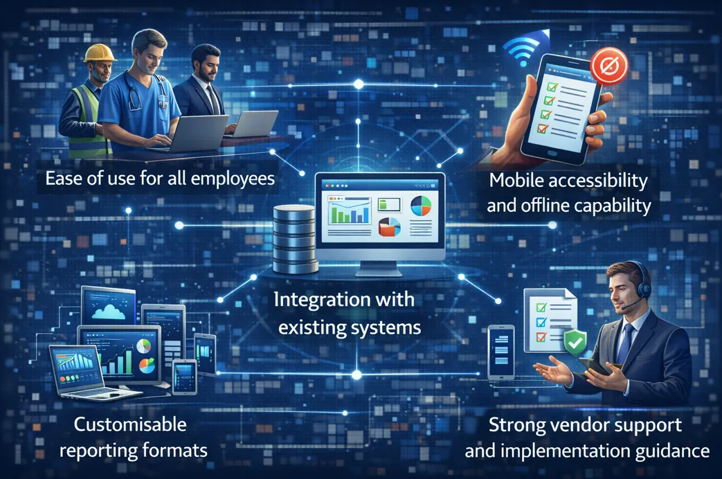 Choosing an AI reporting tool: ease of use, mobile and offline access, system integration, customisable reports and strong vendor support