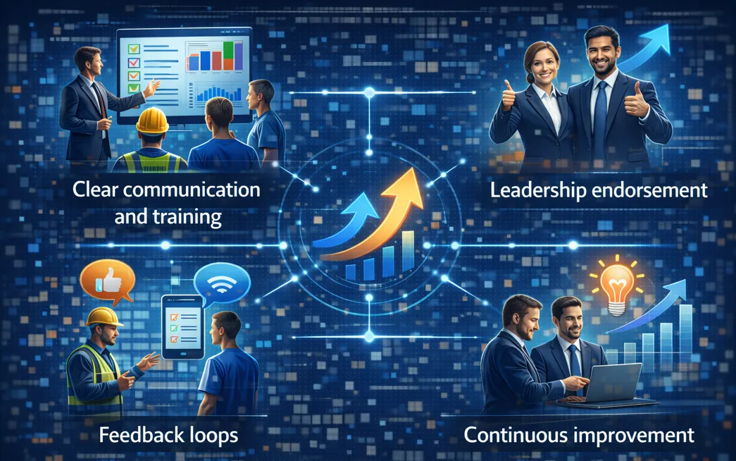 Successful AI tool adoption: clear communication and training, leadership endorsement, feedback loops and continuous improvement