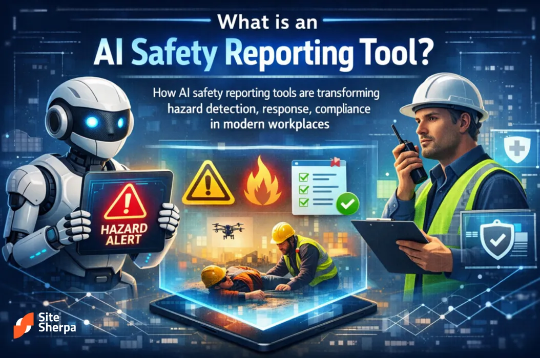 AI safety reporting tool cover with a robot showing a hazard alert and a supervisor with a radio and clipboard