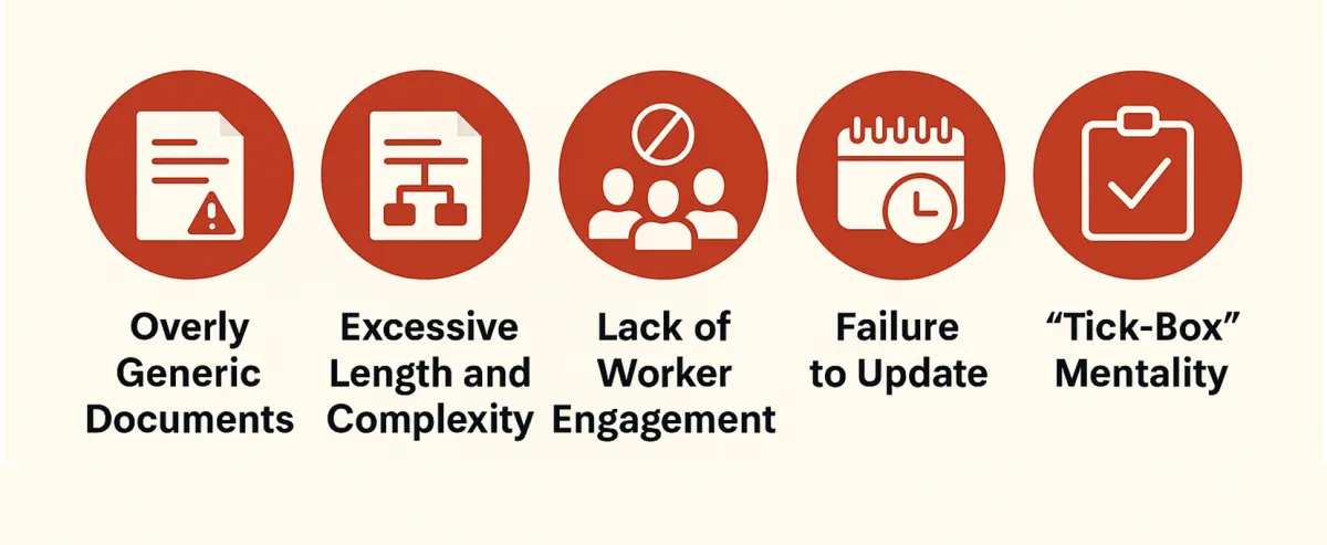 Common SWMS problems: overly generic documents, excessive length, lack of worker engagement, failure to update and tick-box mentality
