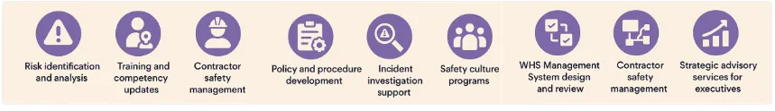 WHS consulting services: risk identification, training, contractor safety, policy development, incident investigation, safety culture, WHS systems and strategic advisory