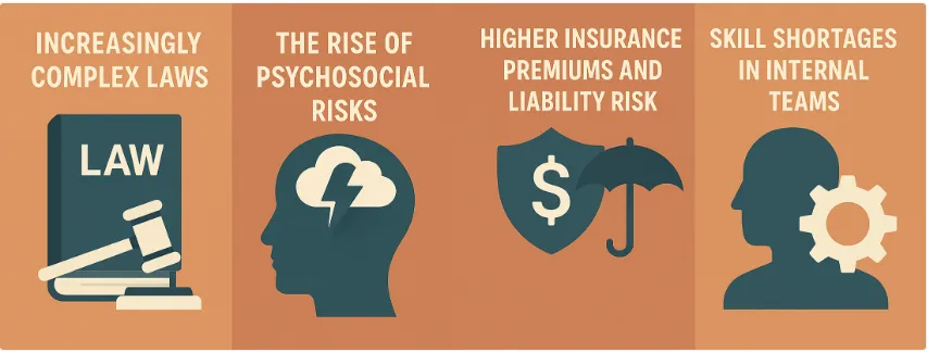 Why organisations need WHS consultants: increasingly complex laws, rising psychosocial risks, higher insurance premiums and liability, and internal skill shortages