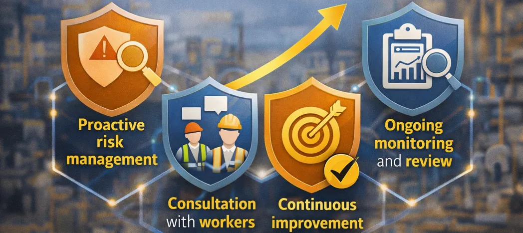 Linked shields showing WHS audit goals: proactive risk management, consultation with workers, continuous improvement, and ongoing monitoring and review