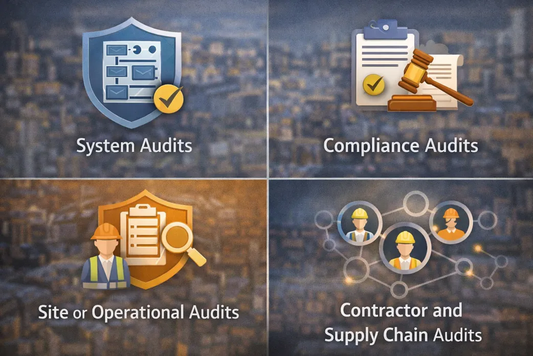 Four types of WHS audits: system audits, compliance audits, site or operational audits, and contractor and supply chain audits
