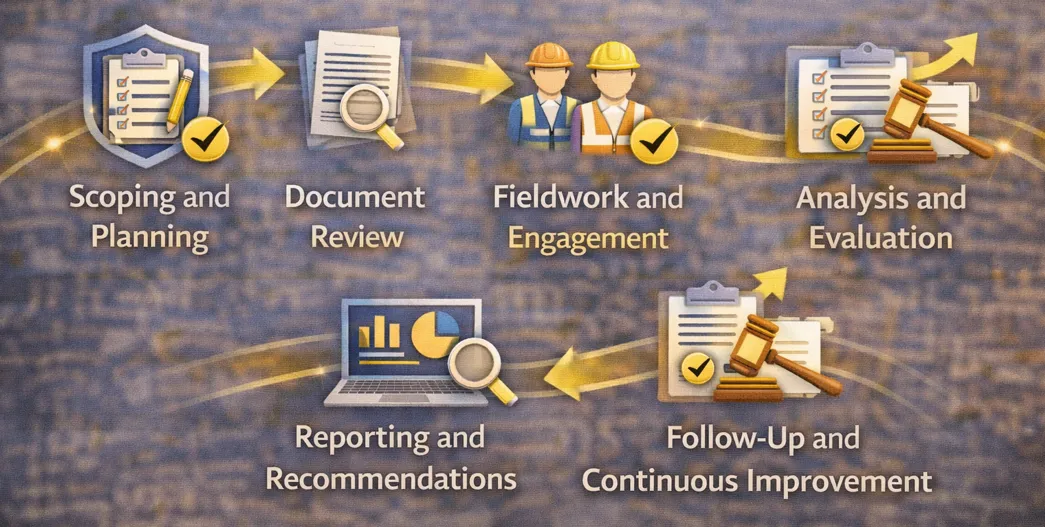 WHS audit process: scoping and planning, document review, fieldwork, analysis and evaluation, reporting and recommendations, then follow-up and continuous improvement