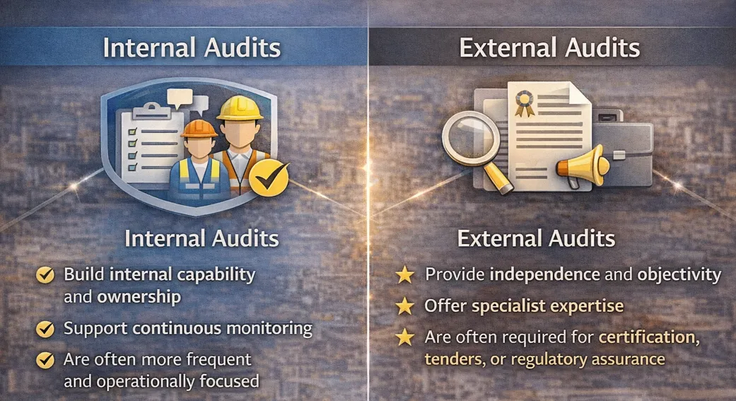 Internal versus external WHS audits: internal builds capability and supports monitoring; external offers independence, specialist expertise and certification assurance