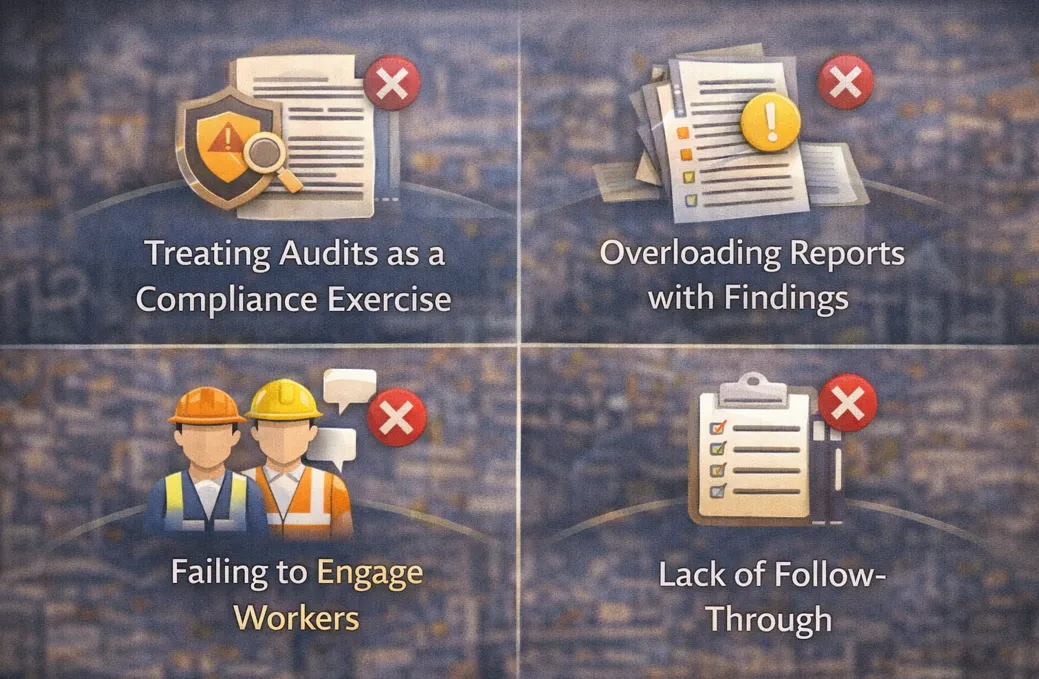 Common WHS audit mistakes: treating audits as compliance exercises, overloading reports with findings, failing to engage workers, lack of follow-through