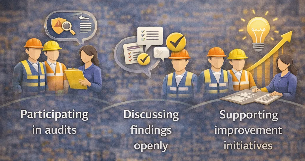 Workers' role in WHS audits: participating in audits, discussing findings openly, and supporting improvement initiatives