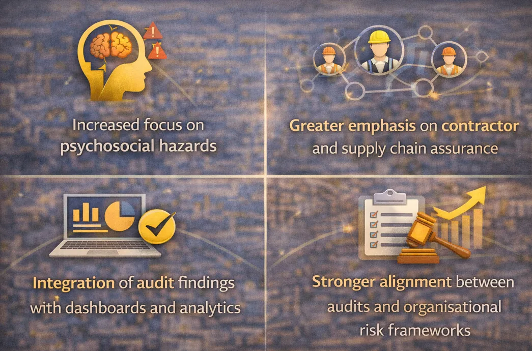 Emerging WHS audit trends: psychosocial hazards, contractor and supply chain assurance, audit dashboards and analytics, and alignment with risk frameworks