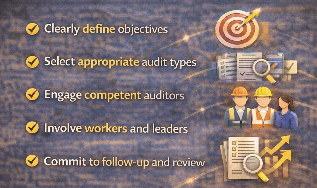 Best practices for WHS audits: define objectives, select audit types, engage competent auditors, involve workers and leaders, commit to follow-up