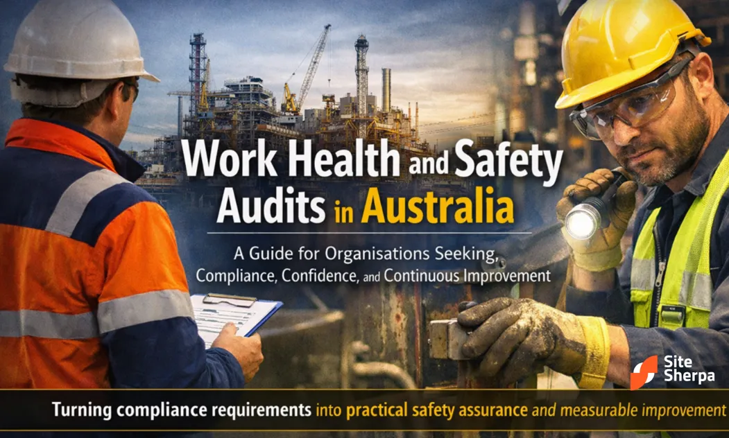 Australian workers in hard hats inspecting an industrial plant with a clipboard and torch for a WHS audit