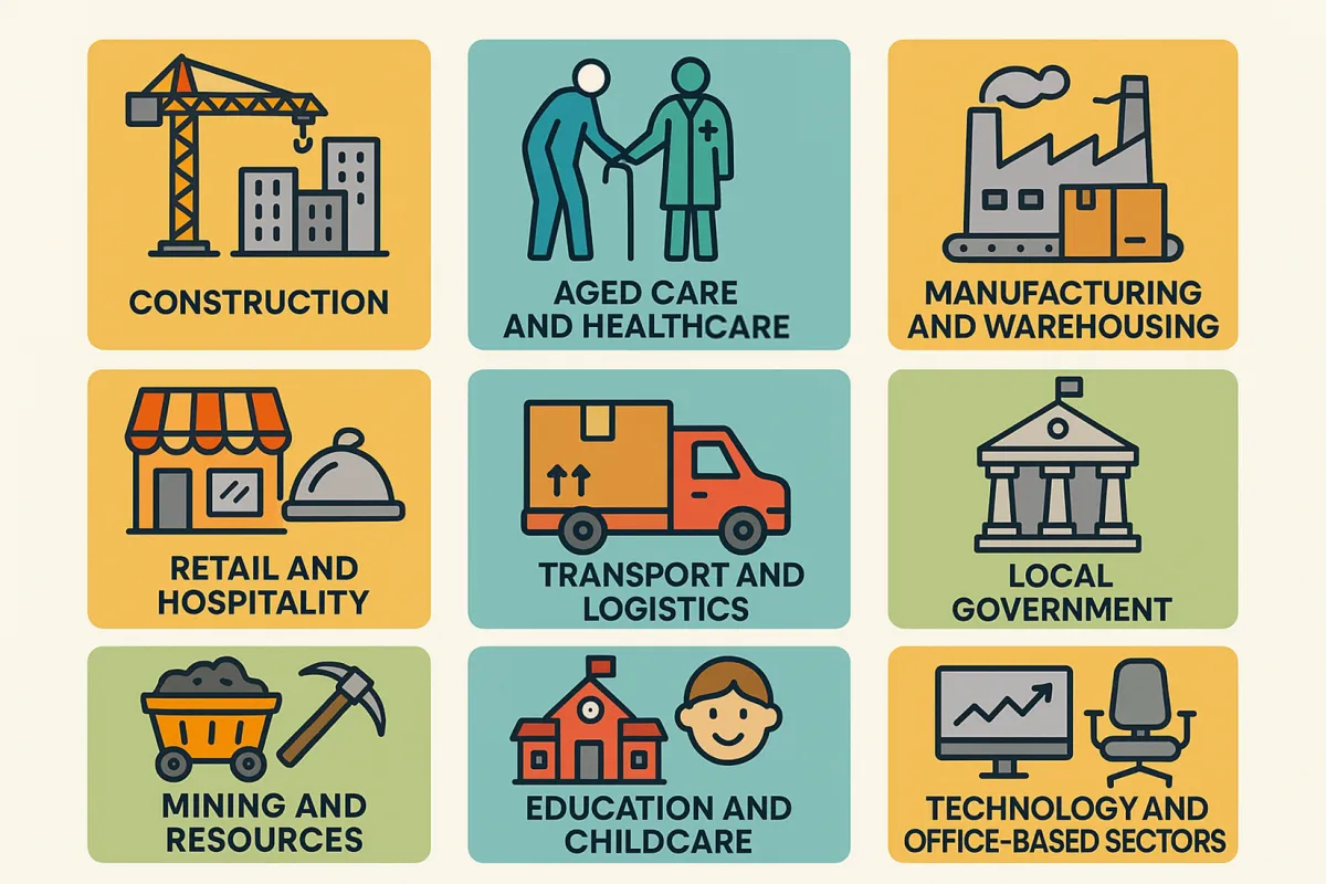 Industries served by safety consultants: construction, aged care, manufacturing, retail, transport, local government, mining, education and office-based sectors