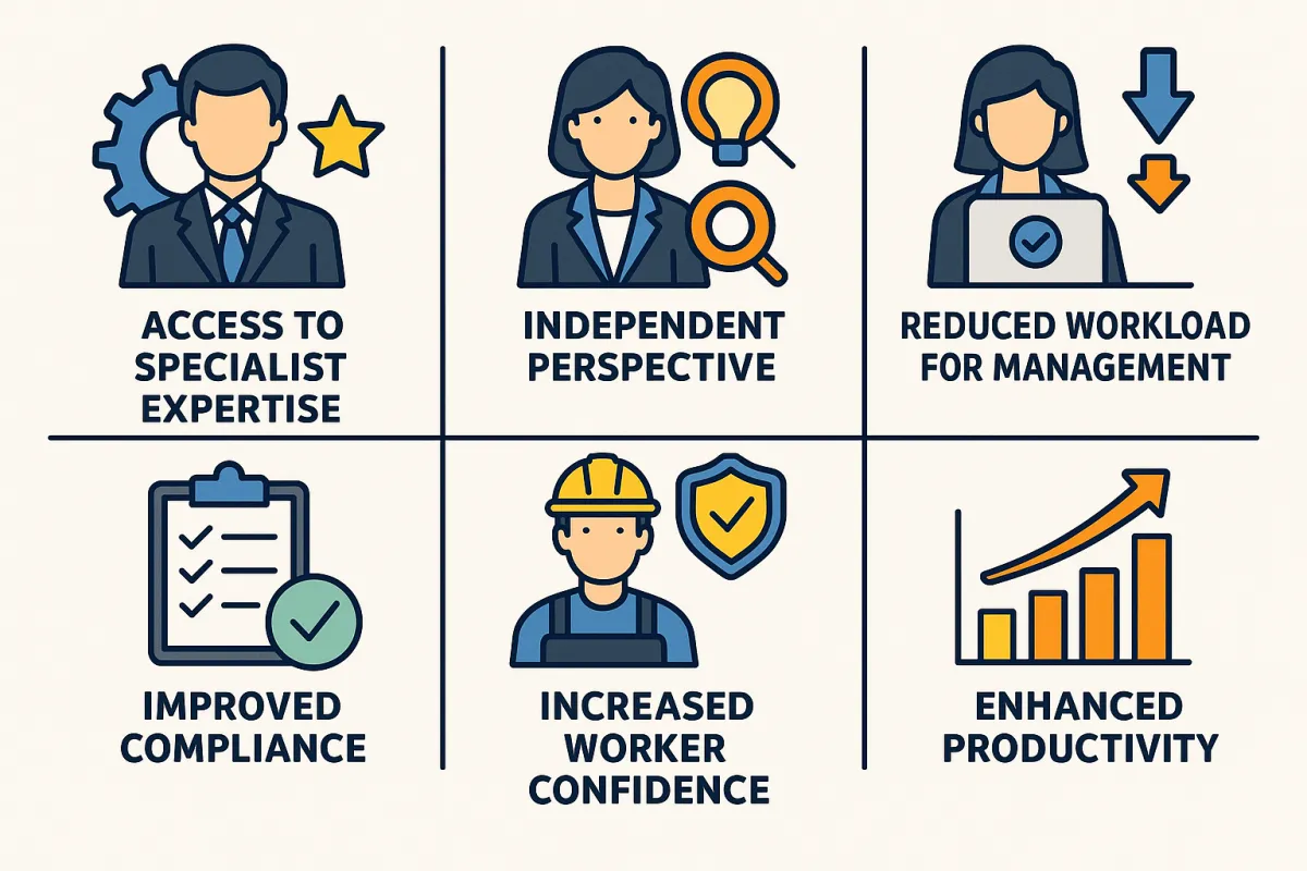 Benefits of safety consultants: specialist expertise, independent perspective, reduced management workload, improved compliance, worker confidence and productivity