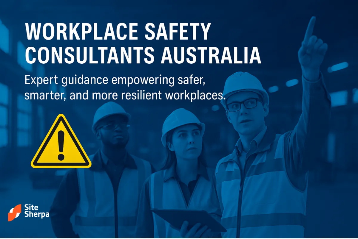 Three workplace safety consultants in hard hats and hi-vis on site, with the headline Workplace Safety Consultants Australia