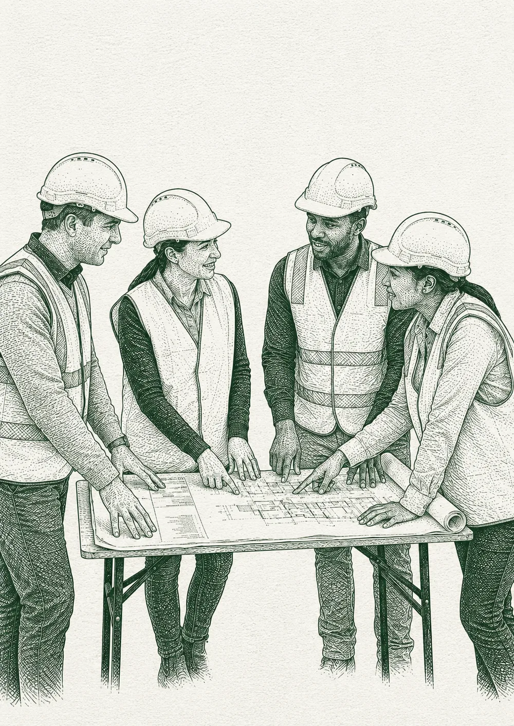 Engraved illustration of a construction crew reviewing plans on site