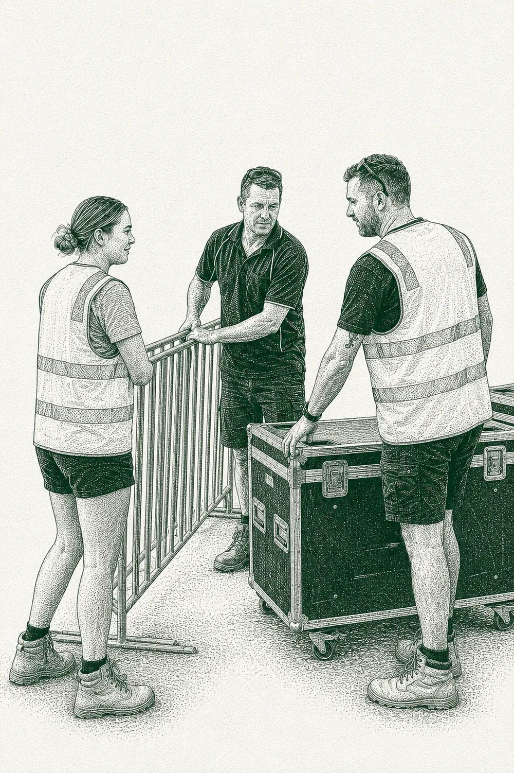 Engraved illustration of a facilities management team on site