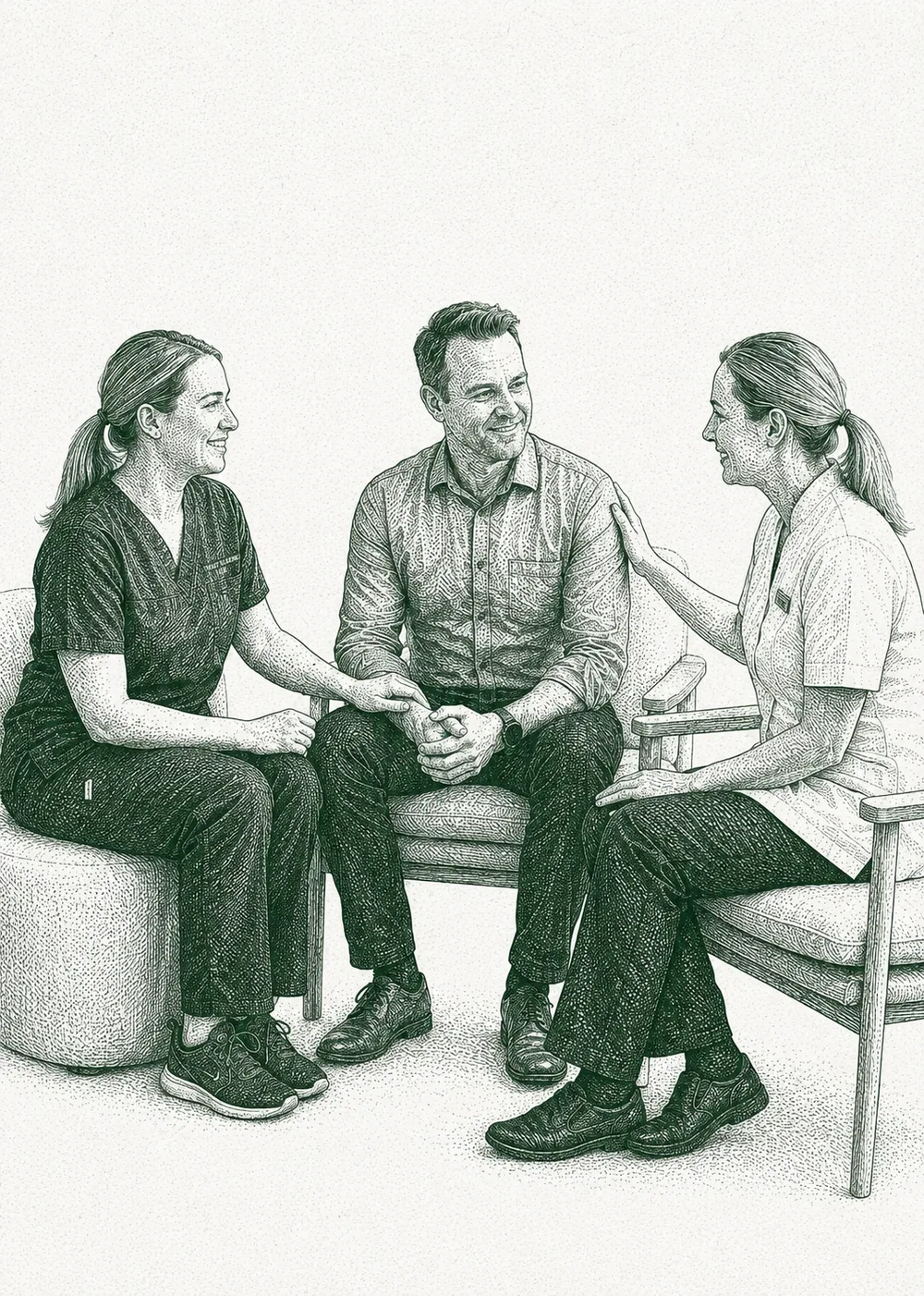 Engraved illustration of healthcare workers in a clinical setting