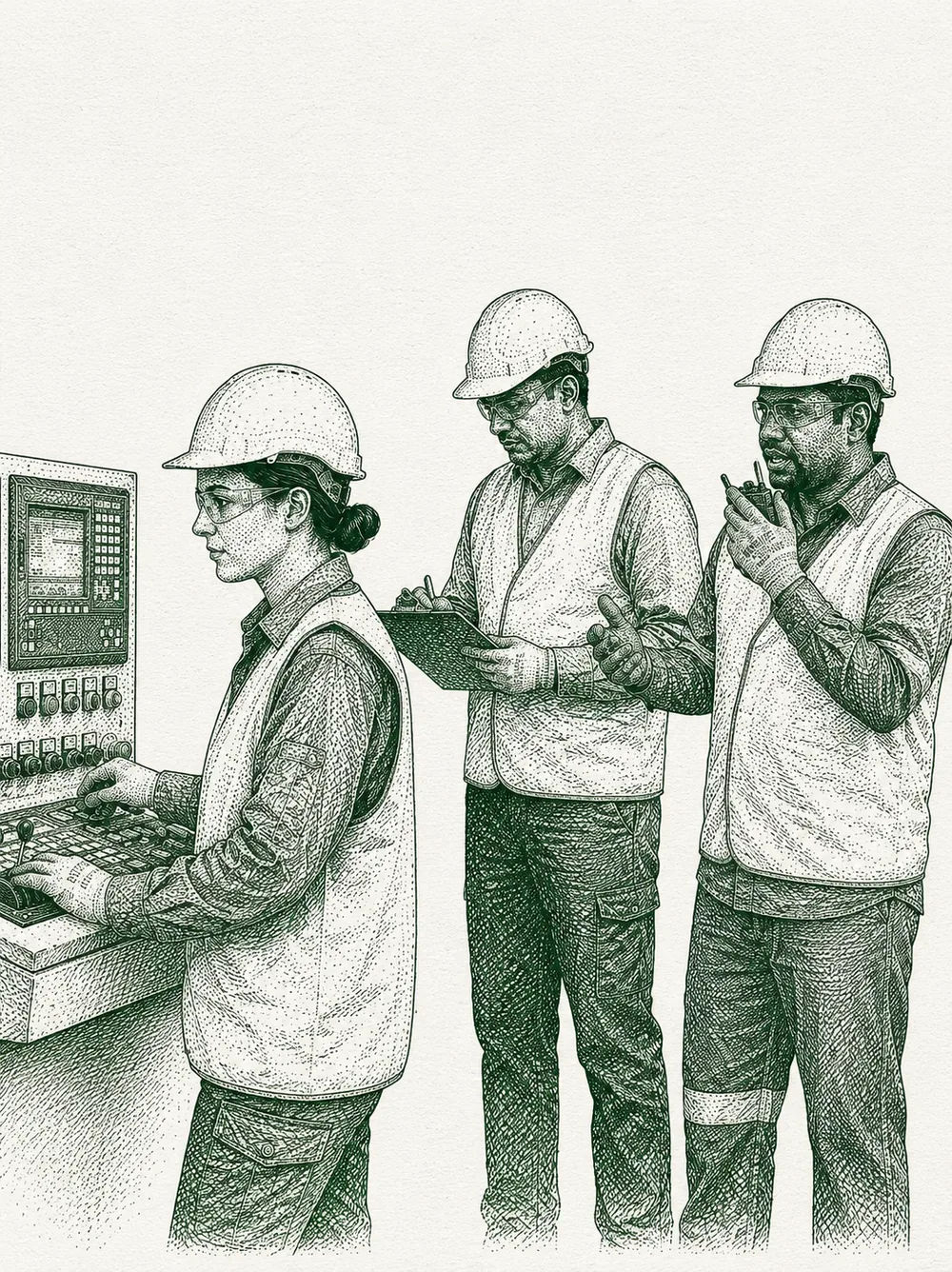 Engraved illustration of workers on a manufacturing floor