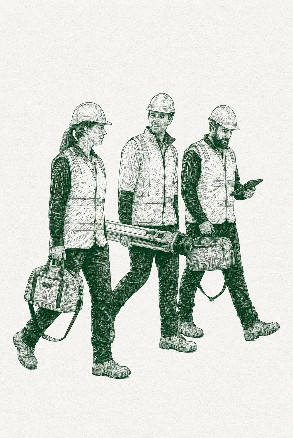 Engraved illustration of transport and logistics workers at a depot