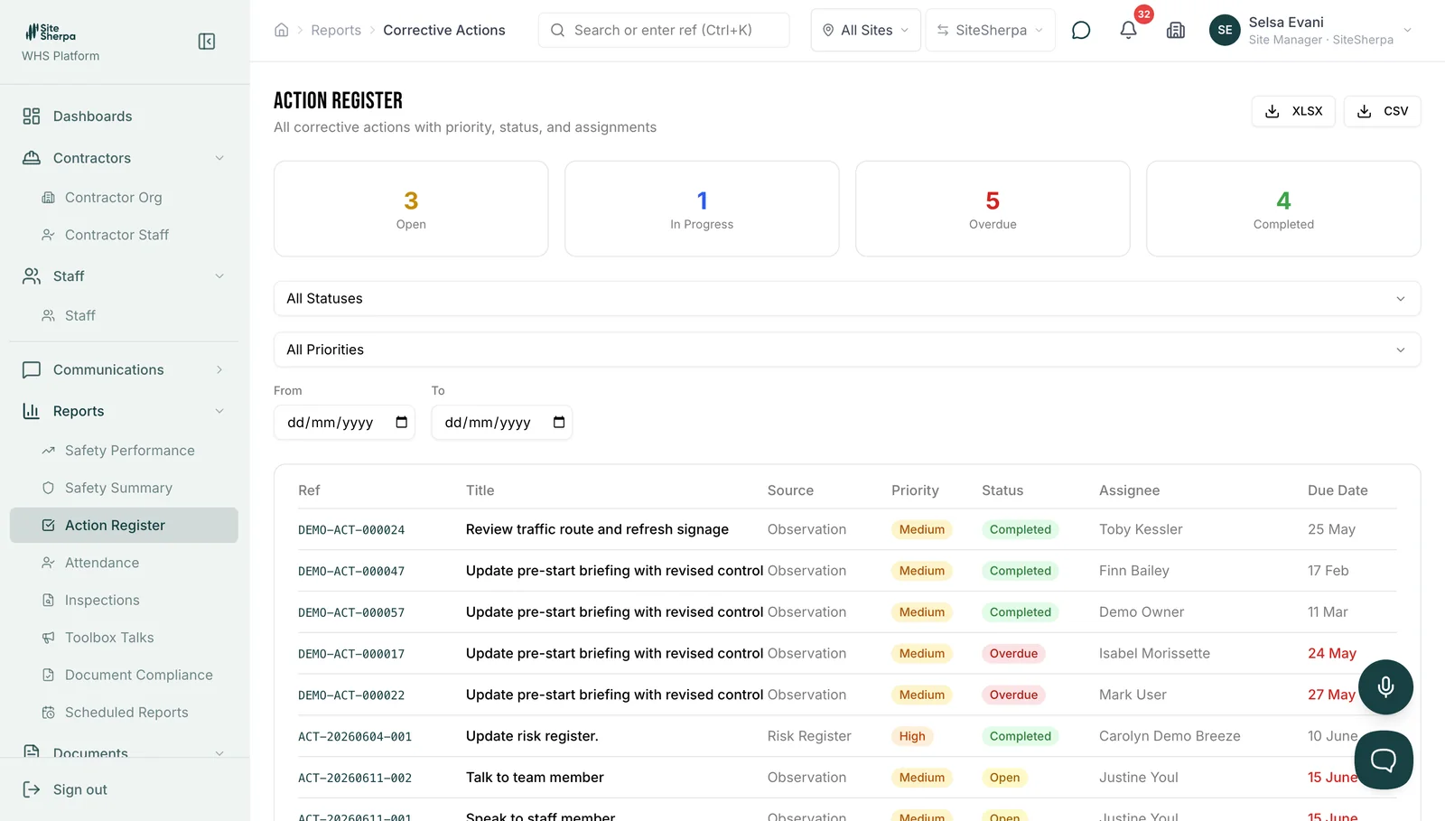 SiteSherpa action register: corrective actions with priority, status and assignments