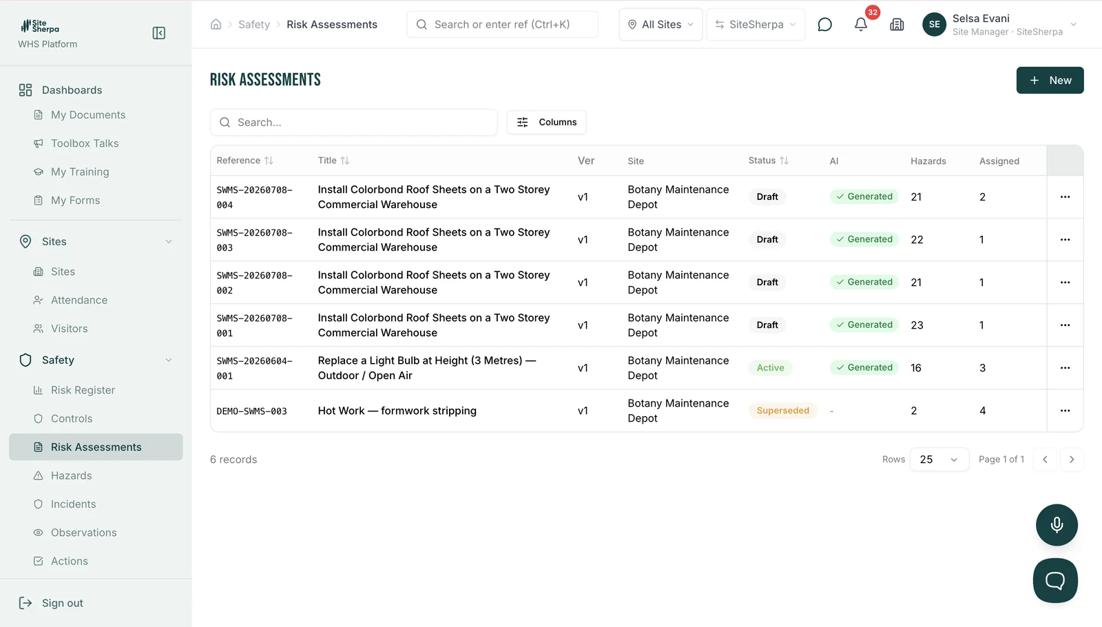 SiteSherpa risk assessment register