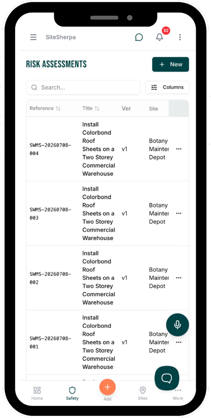 Risk assessments reviewed and signed on mobile in SiteSherpa, linked to their SWMS
